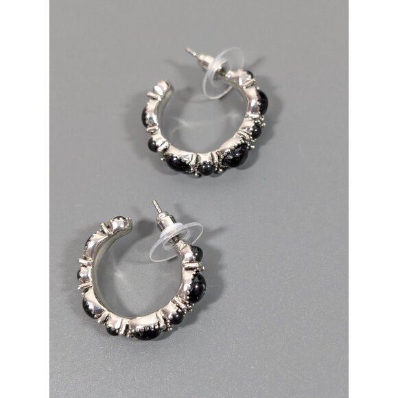 Chaps Black Cabochon Silver Tone Hoop Pierced Earrings Western Boho - Picture 4 of 12